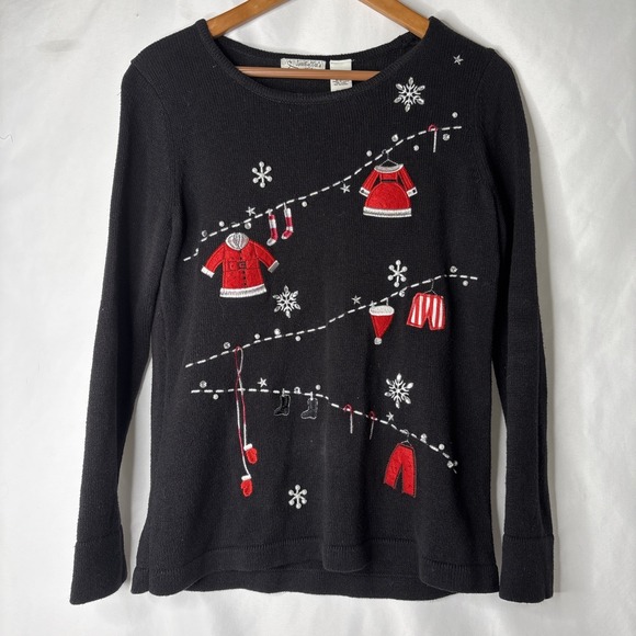 Isabella’s Closet Sweaters - Isabella's Closet Women M Santas Clothesline Laundry Day Christmas Sweater Black